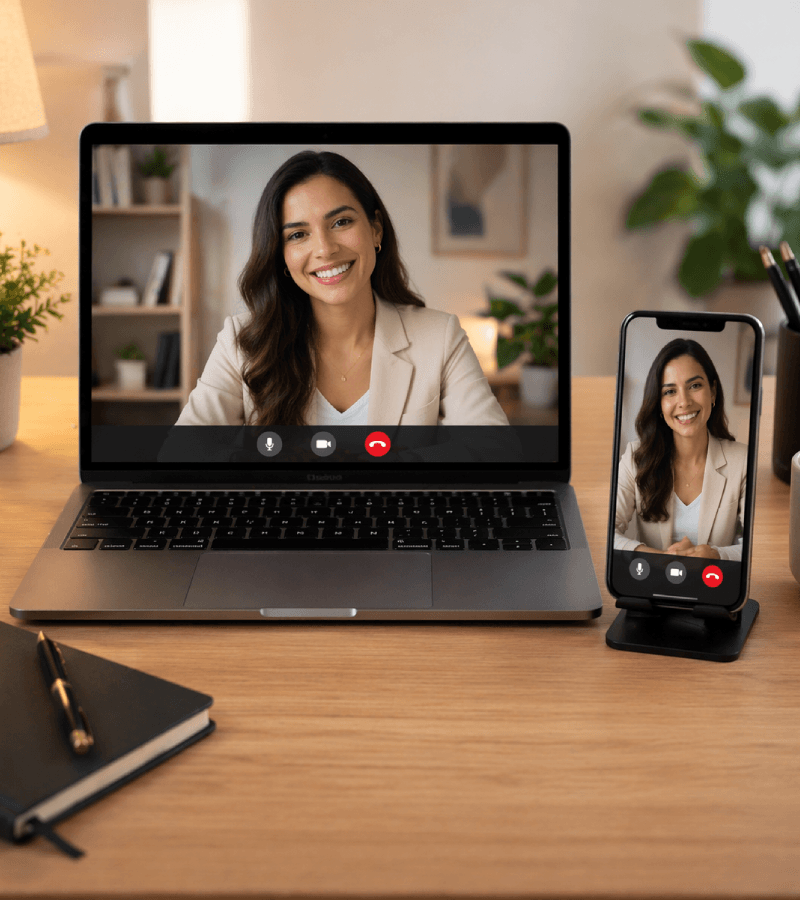 Notebook e celular com videoconferência para certificado digital